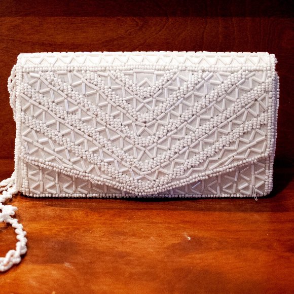 VINTAGE - BIJOUX TERNER White Beaded Evening Bag Clutch - Picture 5 of 7